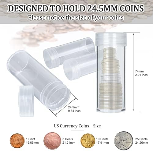 Исчистете Ја Пластичната Цевка за Складирање Монети 100 парчиња, Контејнер За Монети Со Контејнер За Капак Со Завртки, Материјали За Собирање