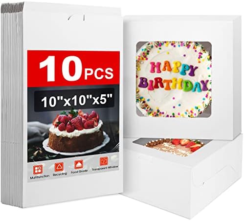 ЗЕНОВИК 10 ПАРЧИЊА Кутии За Торта Со Прозорец 10х10х5 Инчи, Бели Кутии За Пекари Големи Кутии За Печење За Торта, Пита,Десерт, Колачиња,