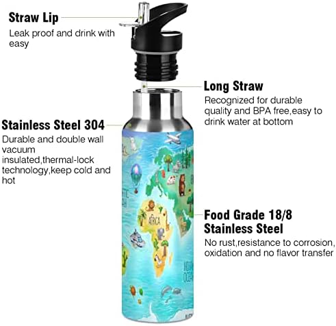 Светска мапа на Детска светска мапа со шише со вода од фауна со слама капаче за вакуум изолирано од не'рѓосувачки челик термо колба
