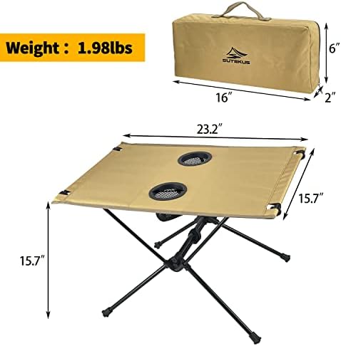 Сутекус Преклопна Маса За Кампување со 2 Држачи За Чаши Компактна Лесна Маса За Кампување Со Тврд Врв Со Торба за Складирање