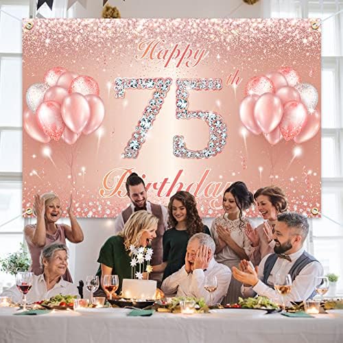 Среќен 75 -ти роденденски банер за позадина - 75 Декорации за роденденска забава за жени или мажи - розово злато 4 x 6ft