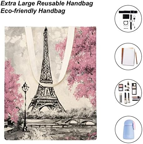 Wengbeauty Canvas Tote Bag Aeiffel Tower Paris Pink Tree Road Tagn Tagn Oute Useable намирници за купување торбички плажа ручек