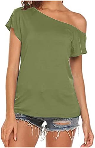 Lumberенски летни врвови на рамото со цврста боја со кратки ракави со кратки ракави на врвови модни дами блузи случајни кошули