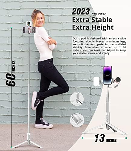 KraftGeek Tripod за телефонски статив за селфи стап со далечински управувач за iPhone, андроид телефони со 2 ладни чевли за светлина и микрофон,