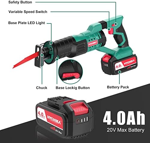 Hychika Recipating Saw, 20V Max без безжичен пиво со 4,0AH батерија, 2800SPM, 7/8 должина на мозочен удар, променлива брзина, промена