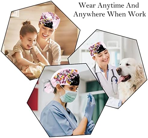 2 парчиња медицинска сестра за чистење жени долга коса, девојче пеперутка розова прилагодлива работна капа со копче и џемпери
