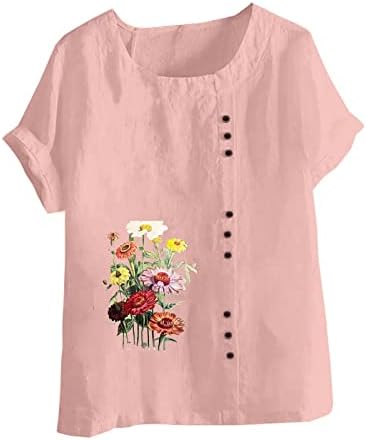 Екипаж на кратки ракави со кратки ракави Дејзи, цветен графички салон, плус големина блуза маичка со постелнина памучна блуза