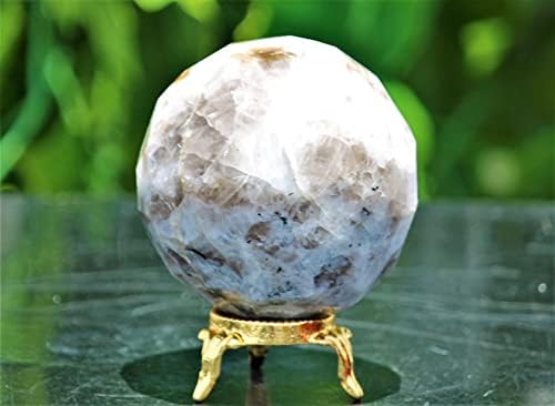 Врвен полиран бел виножито од месечината Кристал кварц, природен камен дијамантски исечен сфера со златен штанд Чакрас заздравува