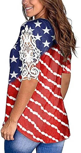 Денот на независноста на жените V маички со вратот Американски знаме печати кратки ракави каузални летни чипка на врвови на врвови