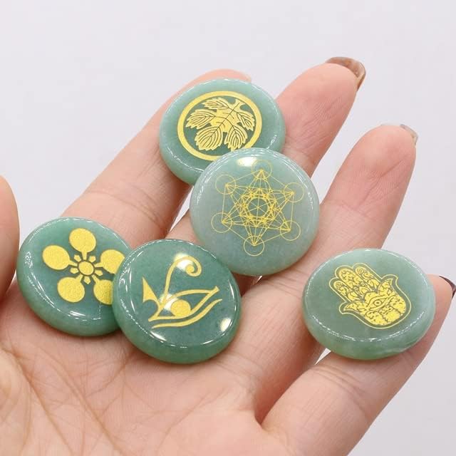 ANCAC 5 парчиња природни чакра камења зелени авентурински врежани симболи полиран палм камен реики кристално лекување природен камен