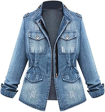 UDSVP Women'sенски Jeanан јакна плус големина Обичен тексас преголем фармерки со јакна од џеб палто