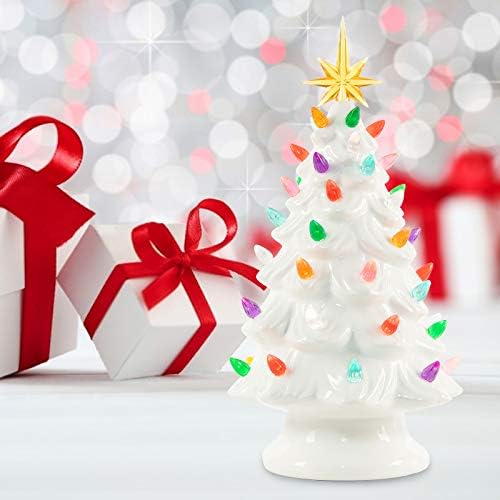 13 Инчен Средно Керамички Елка Батерија Управувана Маса Вештачки Божиќ Декорација Дрво Со Разнобојни Светла, Бела Елка, Ѕвезда Вклучени,