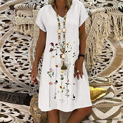 FQZWONG женски памучен постелнина обичен летен фустан од одмор на плажа на плажа v вратот краток ракав лабав фустан плус големина