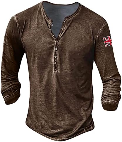 Венкомг1 Хенли кошула за мажи, обичен унија Jackек Велика Британија, печатена измиена маица со долги ракави, ретро потресена улична