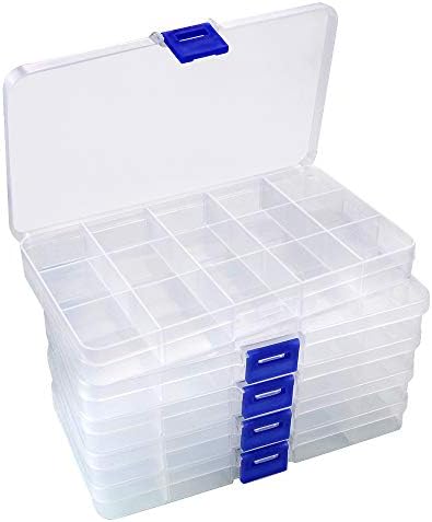 Wykoo 5 пакет 15 решетки Транспарентни организатори на пластична мушка, чиста кутија за организатор на пластични накит со подвижни делители, контејнери за складирање ?