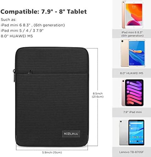 Kizuna 8 инчи таблет ракав за ракави, отпорен на вода отпорна торба за 7,9 таблета/iPad Mini 4 3 2/Samsung Galaxy Tab A/8 Pro/Tab 3 7.0 Lite/S2 8/E 8, LG Huawei M5/ASUS ZENPAD Protective Tog - Црно