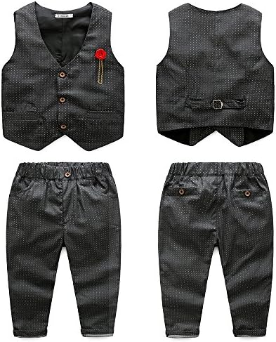 Kimocat Boys 3PCS облека поставува елегантни кошули со долг ракав + елек со цвет + панталони за забава