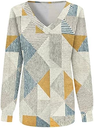 Џемпер за женски гроздобер ретро печатење v вратот џемпер се вклопува во пулвер врвови, обични кошули со долг ракав, лабави лабави