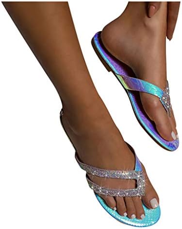 Хенгфени Флип Флоп Сандали за жени, женски обични кристални рамни летни сандали влечки удобни плажа римски сандали чевли