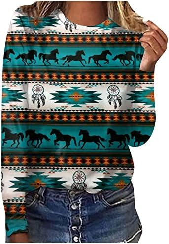 Женски кошули со долги ракави од 2023 година Ацтек геометриски печати етнотички врвови на екипажот на екипаж манжетни лабава блуза