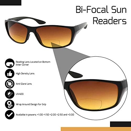 2 пар бифокални читатели на сонце спорт и завиткајте околу читањето очила за сонце - килибарна нијанса одлична за возење и риболов - мажи и жени