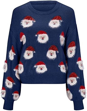 Muduh џемпери за жени трендовски тркалезен врат лабава случајна симпатична Дедо Мраз шема мека надолу со џемпер со долги ракави пуловер