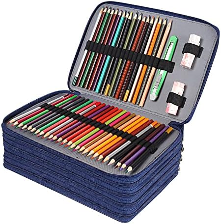 Шуланер 250 слотови Организатор на кутии во боја на молив со патент Пу кожа, голем капацитет, држач за држач за пенкало за уметник кроко сино