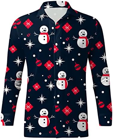 Божиќно копче на Вокачи, надолу кошули за мажи со долг ракав, смешен Божиќ, снежен човек, печатење на лежерна кошула за забава за