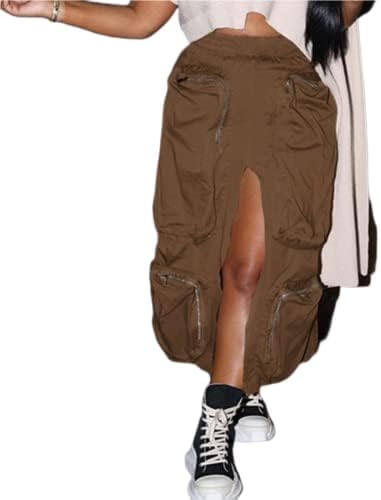 Мелифло женски патенти џебови со високи карго здолниште со еластично високо половично миди здолниште трендовски хипи улична облека