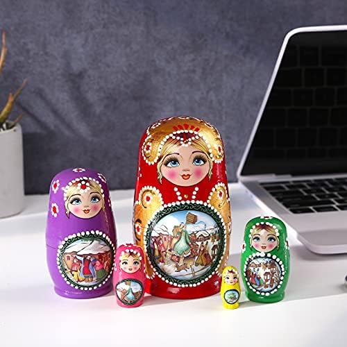 Руски кукли за гнездење постави 5 парчиња радости Матриошка дрво редење гнезд сет приказна девојка рачно изработени играчки за деца деца Божиќ роденден Ноќта на ве