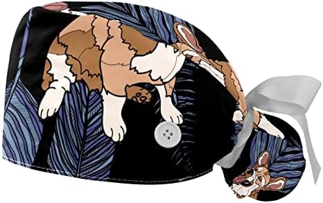 Работно капаче од 2 парчиња со копчиња и џемпери, симпатично животинско куче Корги во лисјата за чистење капа за жени долга коса