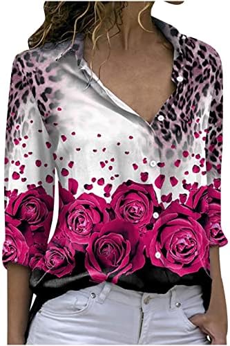 Сите цветни графички модни врвови за жени со опуштено копче со долги ракави со долги ракави надолу со кошула, фустани деловна обична блуза
