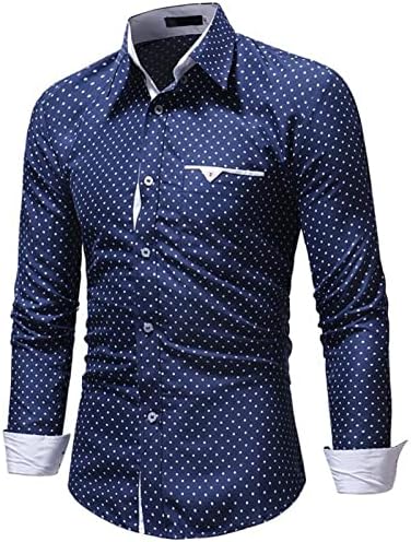 Maiyifu-GJ Mens Polka Dots фустани кошули Обичен класичен печатен кошула со долги ракави, вртено јака, тенок, фит-копче надолу кошула надолу