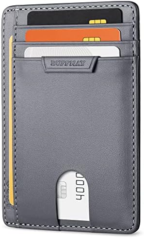 Buffway тенок паричник за мажи или жени минималистички мали кожни предни џебни паричници со блокирање на РФИД и кутија за подароци - баса сива боја