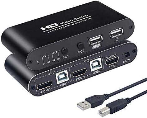 KVM Прекинувач HDMI 2 Порта Кутија, KCEVE USB Kvm Прекинувачи за 2 Компјутери Сподели Тастатура Глувчето и ЕДЕН HD Монитор, Поддршка Hotkey