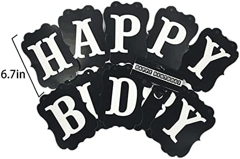 Гласнс Црн среќен роденден Банер црно бели букви за украси за роденденска забава