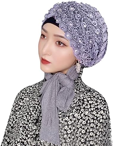 Шик цветно чипка монистра турбан со сјајна долга шамија, мек муслимански хиџаб рамадан еид глава на шамии анти-УВ хемо капа