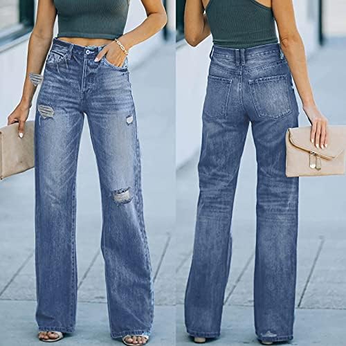 Фармерки копче со високи џебови на половината за жени еластични панталони со цврста боја, мода со права нога фармерки тенок тексас