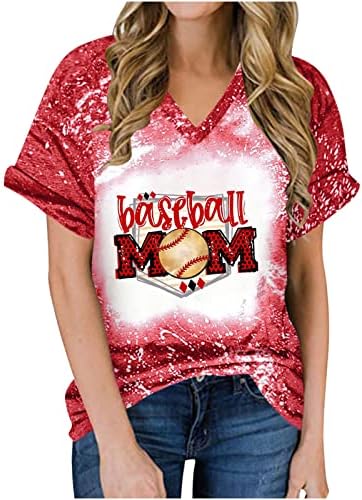 Летни изветвени кошули за жени бејзбол мама, обична лабава лабава кратка ракав против блуза на вратот