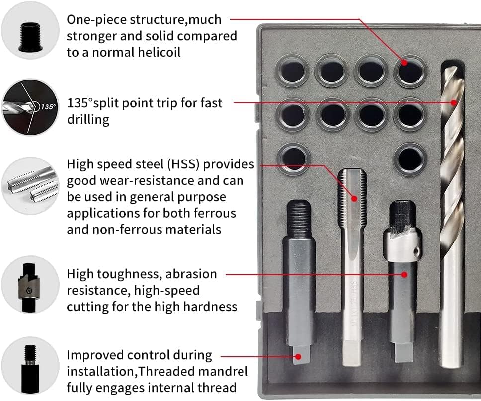 Комплет за поправка на низата Sennmonn M8X1.25 и M12X1.25 со вметнување HSS вежба, допрете, возач за инсталација, вметнете од не'рѓосувачки