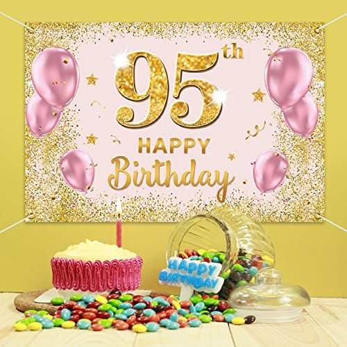 Пакбум Среќен 95-Ти Роденден Позадина Банер - 95 Роденден Декорации Материјали За Жени-Злато Розова 3.9 х 5.9 стапки
