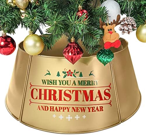 Putuo Decor 21 D златна јака за новогодишна елка, 5 панели прилагодливо метално здолниште со снежни производи, шема на елк, украсни прстени