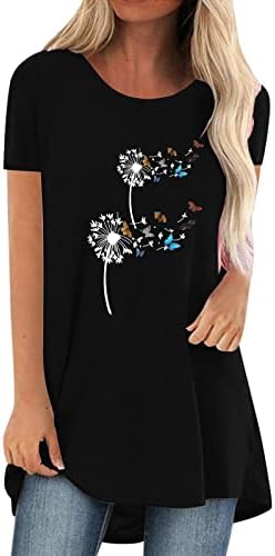 Женски летни врвови блузи маички кратки/долги ракави со тркалезен врат цвеќиња на вратот Цветен печатење на линијата лежерна лабава