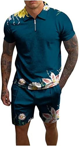 Менс со кратки ракави со кратки ракави, обична поло, и шорцеви поставува цветни печатени две парчиња летни облеки по zip up