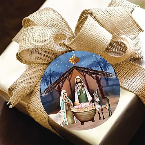 Божиќна природеност сцена околу керамички украси 3inch Верски христијански круг керамички украси Религиозни украси Персонализирани крштевачки