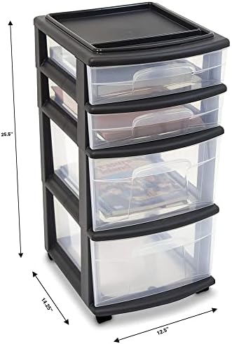 Homz Plastic 4 Clear Drawer Medion Home Organitor Contay Container Tower со 2 големи фиоки и 2 мали фиоки, црна рамка