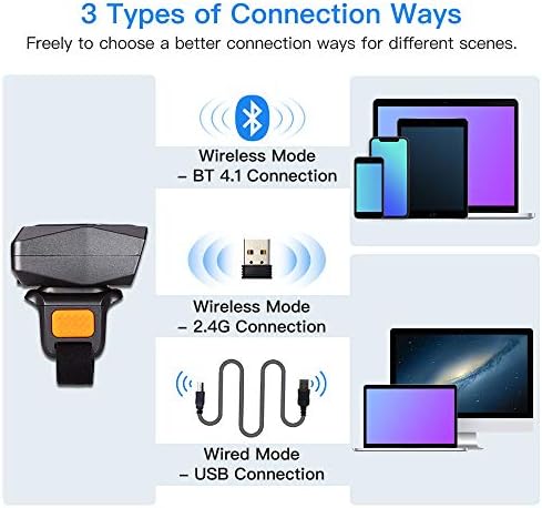 Eyoyo 1D Bluetooth Скенер за баркод за носење на прстенот, преносен мини читач на шифри со ленти со прсти со безжична и USB жична врска за iPhone ipad Android iOS, за книга, инвентар на ма