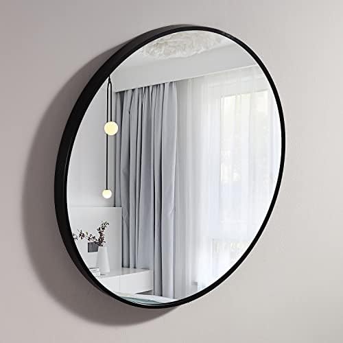 Blackгмир 24-инчен Црна Метална Рамка Бања Огледало Голем Круг Огледало Алуминиумска Рамка Голем Гардероба Ѕид Монтирани Декоративно Огледало За Ѕид Бања Спална Соба