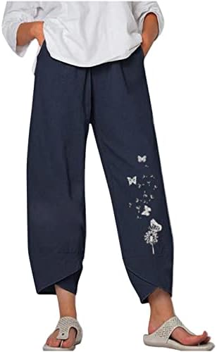 Panенски капри панталони, еластични високи половини широки нозе палацо капри должина цветни печатени панталони со џебови
