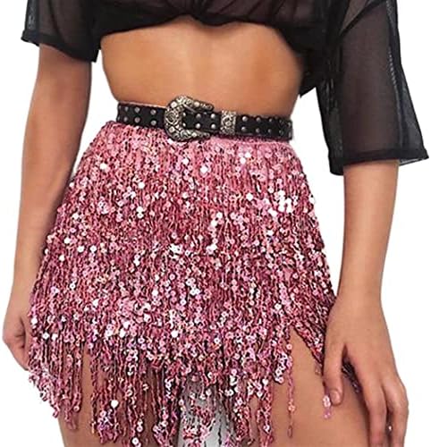 Nicute Boho Dance Hip Scirt Sequin Sequir Belly Skirt Tassel Scirds Sparkly Wrap Stapt Rave Costume за жени и девојчиња